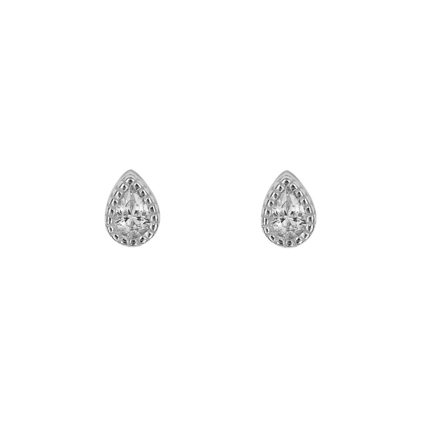 Recycled Silver Teardrop Stud Earrings With Rhodium Plating And CZ