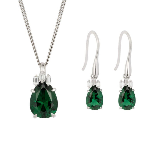 Recycled Silver Teardrop Emerald Green Nano Crystal And CZ Necklace And Earring Set With Platinum Plating